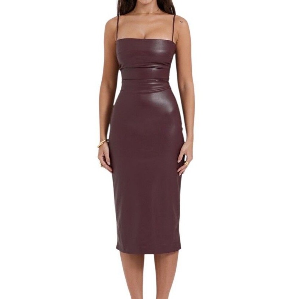NEW House of CB Jalena Vegan Leather Lace Up Back Dress Mulberry Medium